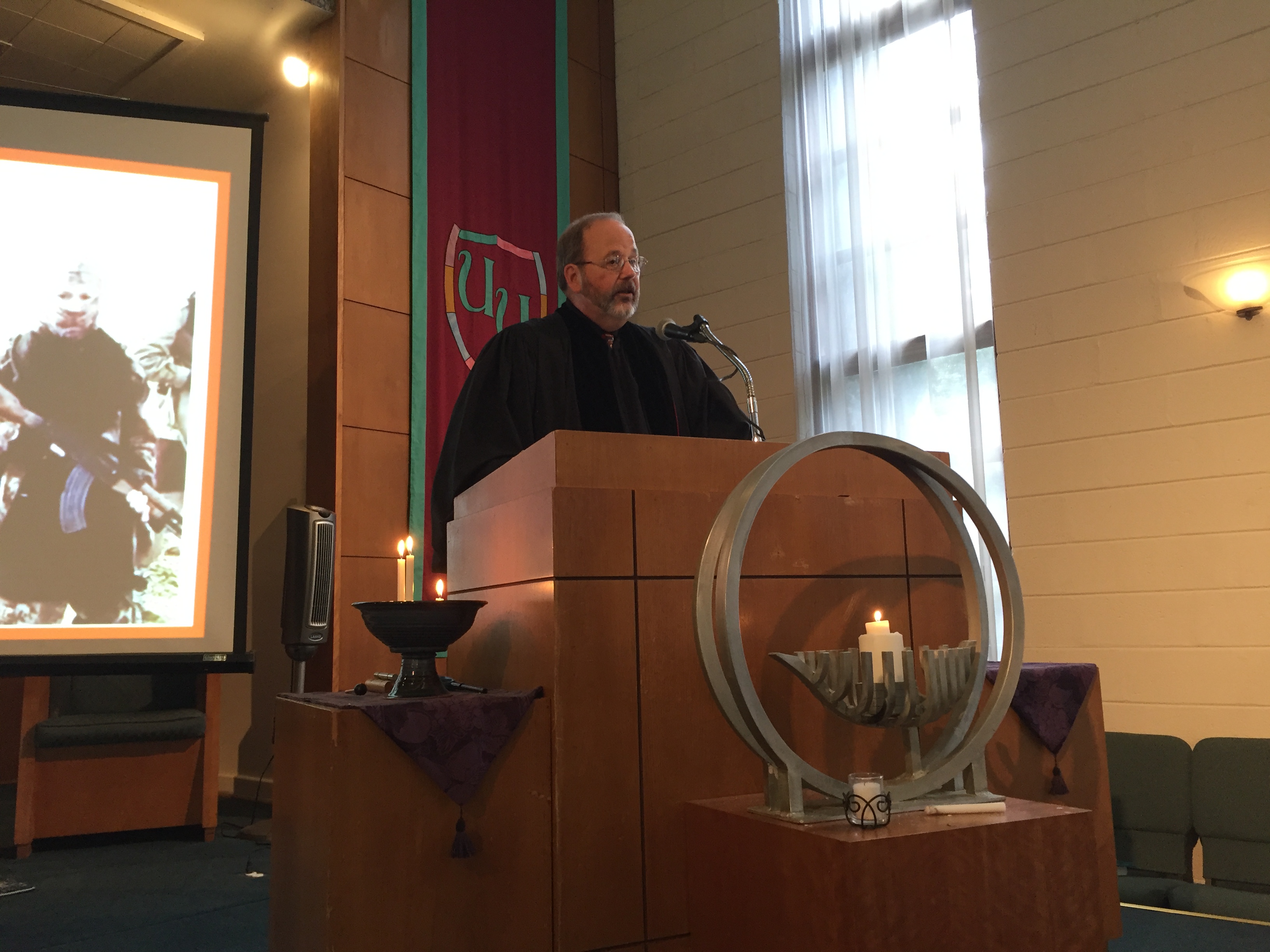 Reverend Jeff Liebmann in the pulpit